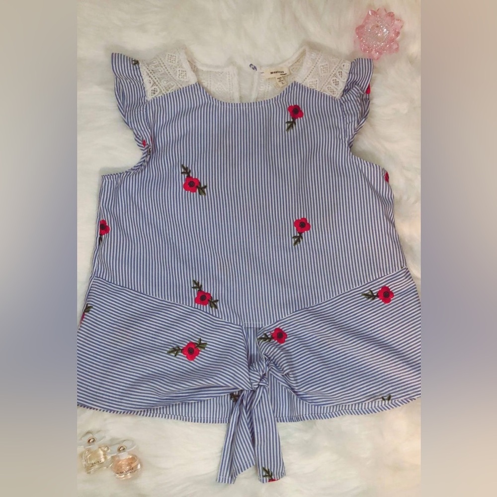 Monteau Sleeveless Blue & White Stripes With Red Flower Embroidery Shirt
